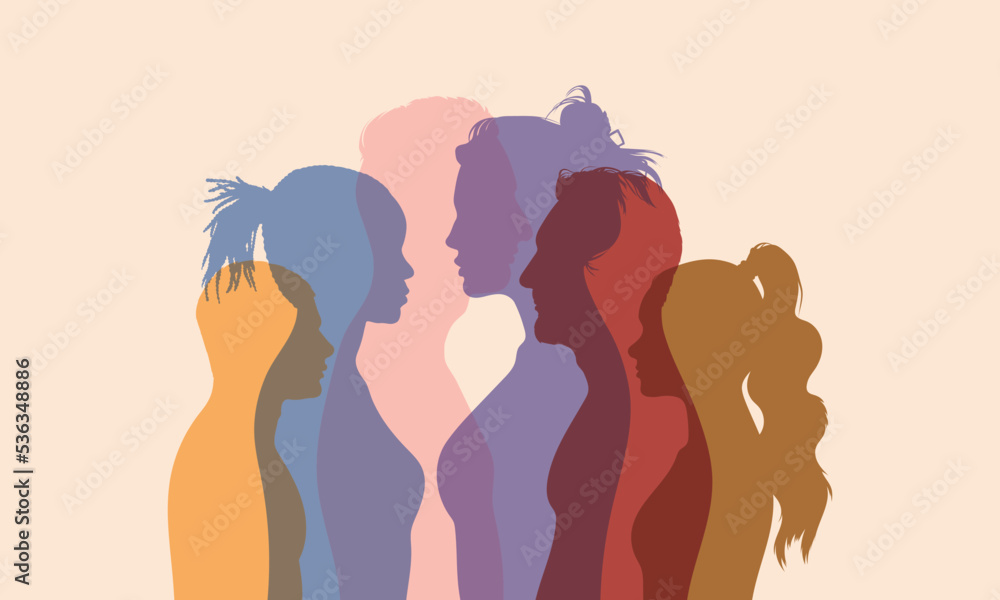 A flat cartoon illustration of racial equality and diversity. An illustration of a diverse group of women, girls, and men.
