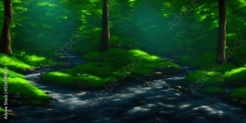 A stream in a deep forest. Wilderness forest creek. Cold creek in woodland. Forest stream landscape. High quality Illustration