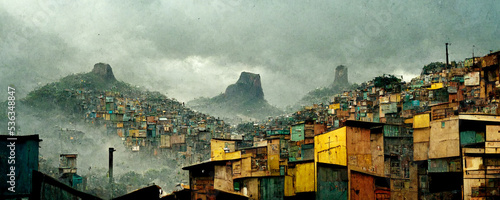 abstract future large favelas or slums and mountains environment  background 3d render. photo