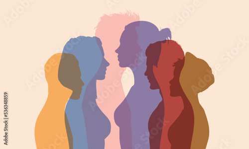 Discussion or comparison between friends in the crowd. People profile dialogue. Group of isolated people talking in coloured flat cartoons. Multiple exposure, Conference or debate.