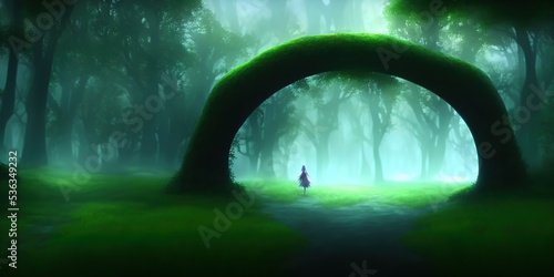 Archway in an enchanted fairy forest landscape, misty dark mood, can be used as background. High quality Illustration