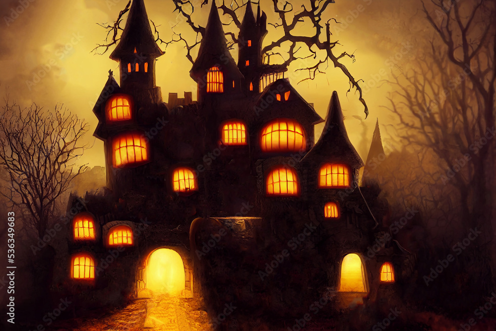 Halloween scary night watercolor background. Gothic castle, graveyard and witch illustration. Halloween scary night watercolor background. Gothic castle, graveyard and witch illustration.