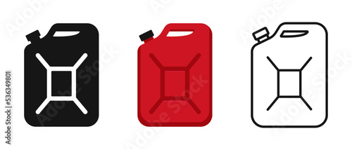 Red gasoline canister vector set. Car fuel container, automobile refueling icon, gas station logo