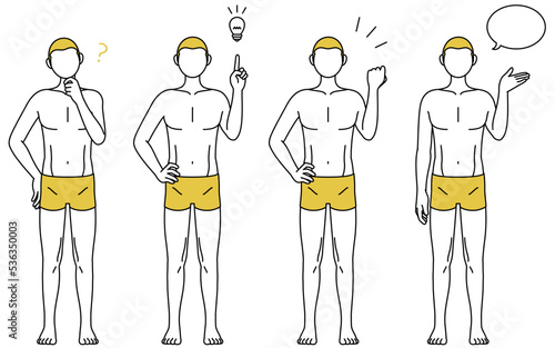 脱毛した男性の線画ポーズセット、話す・疑問・ひらめく・ガッツポーズ