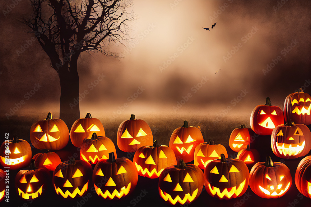 Group of scary Halloween pumpkins during the evening and the night of Halloween, 3d illustration Group of scary Halloween pumpkins during the evening and the night of Halloween, 3d illustration