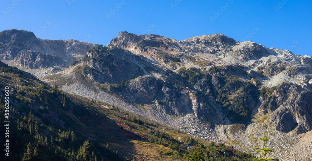 Trees and Rocks in Canadian Mountain Landscape. Sunny Fall Season. Brandywine Meadows near Whistler and Squamish, British Columbia, Canada. Nature Background