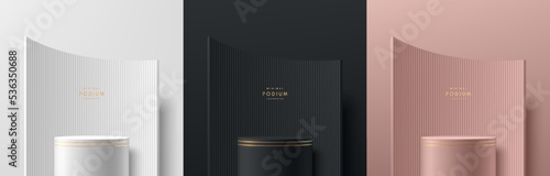 Set of 3D background with stand podium. Black, gold, silver and pink gold with luxury arch curve shape scene. Abstract minimal wall scene for mockup products display. Vector round stage for showcase.