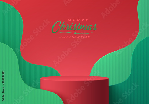 Realistic red 3D cylinder stand podium wit green wavy curve layers background in papercut style. Merry christmas abstract minimal scene mockup products display, stage showcase. Vector geometric forms.