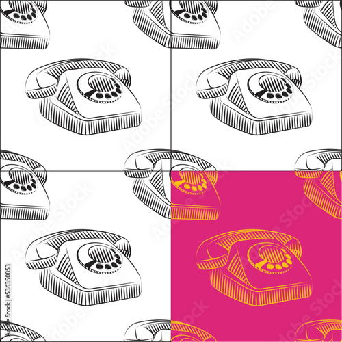 Seamless, Vector hand-drawn illustration of the retro phone in vintage engraved style. rotary dial telephone. isolated.