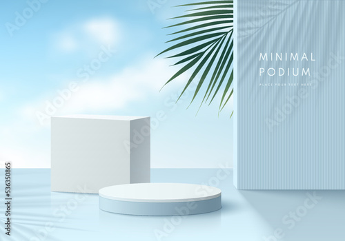 Realistic 3D blue, white geometric pedestal podium with green palm leaf and blue sky background. Abstract minimal scene for mockup products, stage showcase, promotion display. Vector geometric forms.