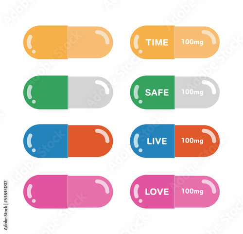 A set of pills illustration icons in capsules to be taken when sick. Cute and colorful design.