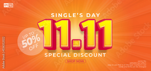 11.11 single's day sale banner with 3D style editable text effect