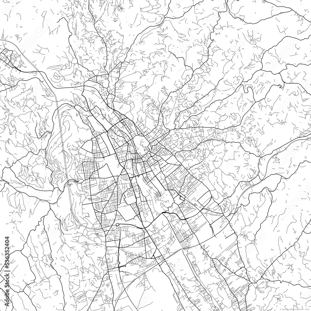 Area map of Graz Austria with white background and black roads