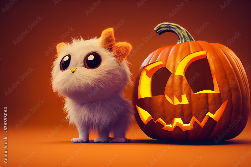 Cute little furry animal with scary Halloween pumpkins, 3d illustration