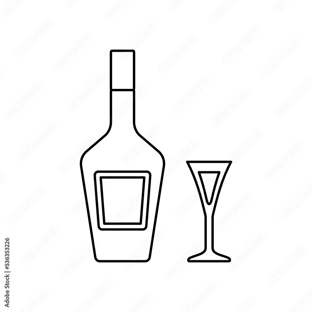 Liquor bottle and glass. Linear icons beverages isolated on white background. Outline black alcoholic drinks with wineglasses in flat design. Thin line objects. Vector illustration. Liquor bottle and glass. Linear icons beverages isolated on white background. Outline black alcoholic drinks with wineglasses in flat design. Thin line objects. Vector illustration.