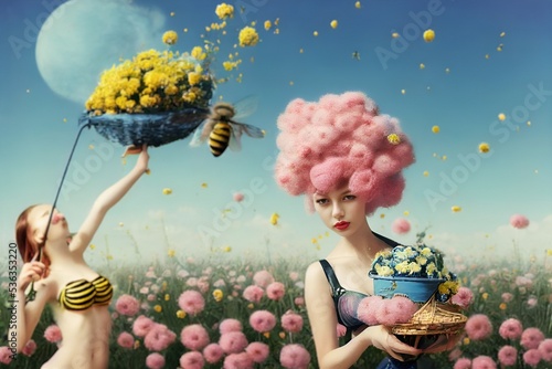 Happy Beautiful woman human bee collect pollen in baskets on meadow. Funny character, picking honey. Enjoying the scent of low-growing. Fairytale, insect, for banner or landing page. Illustration. #536353220