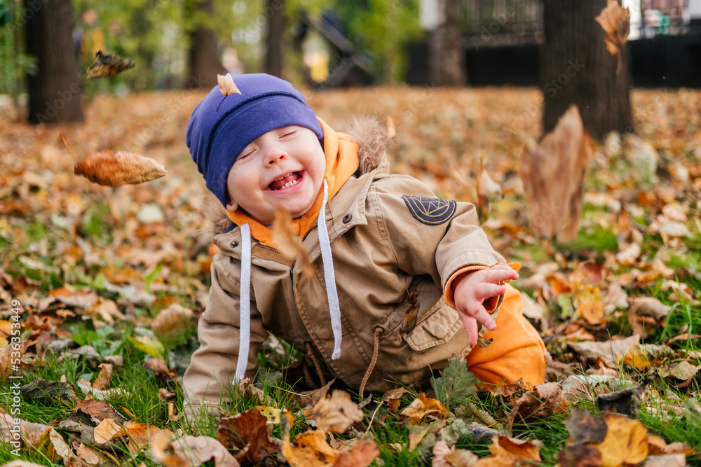Smiling toddler boy crawling on ground with leaves outdoor. Happy little child playing in autumn park Smiling toddler boy crawling on ground with leaves outdoor. Happy little child playing in autumn park