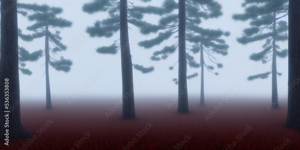 Obraz premium Ancient pine trees in a white morning fog. Idyllic autumn landscape. Swampy northern forest. Kemeri national park, Latvia. High quality Illustration