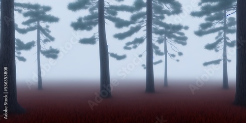 Ancient pine trees in a white morning fog. Idyllic autumn landscape. Swampy northern forest. Kemeri national park, Latvia. High quality Illustration