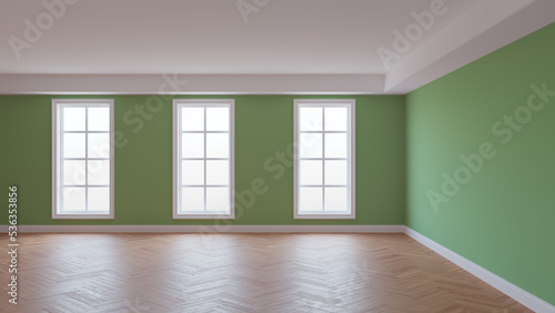 Mockup Interior with Green Walls, White Ceiling and Conrnice, Three Large Windows, Herringbone Parquet Floor and a White Plinth. Beautiful Concept of the Room, 3D illustration. Ultra HD 8K, 7680x4320