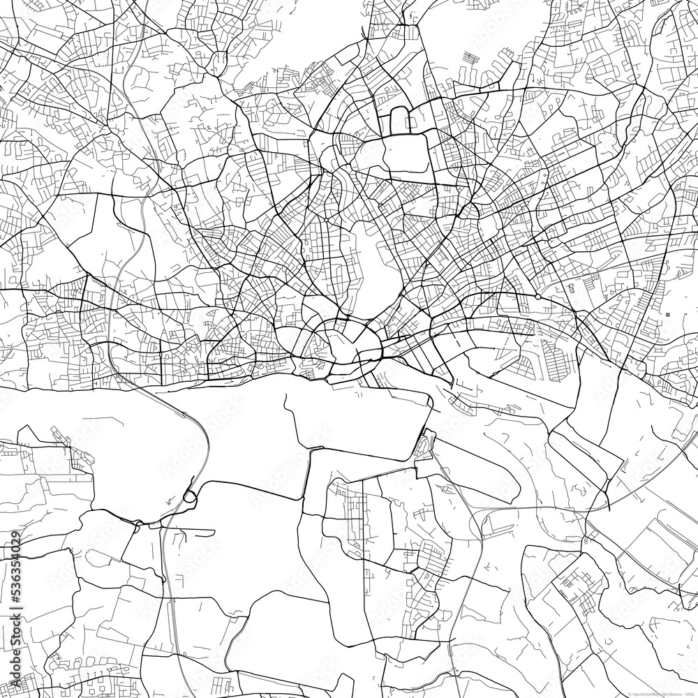 Area map of Hamburg Germany with white background and black roads