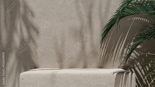 Fototapeta Naklejka Na Ścianę i Meble -  Minimal Abstract cosmetic background for product presentation. Cosmetic bottle podium and green leaf on white color background. 3d render illustration. Display for natural products