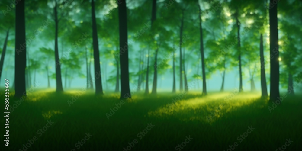 Obraz premium Misty morning in the woods. Rays of light in the forest. Mist fog and the trees nature background.. High quality Illustration
