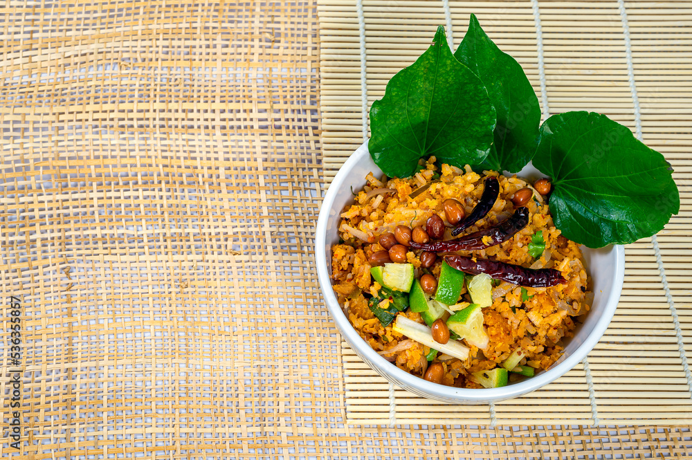 Top view of Fermented Pork and Crisp Rice Salad or Yam Naem Khao Tod ...