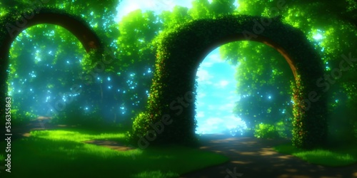 Archway in an enchanted garden. High quality Illustration