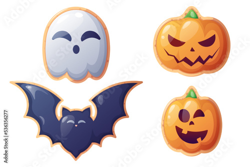 Halloween cookie set. Delicious cookies in the form of a ghost, pumpkin, bat. Holiday symbol, purse or treat. Great for stickers, design, decor
