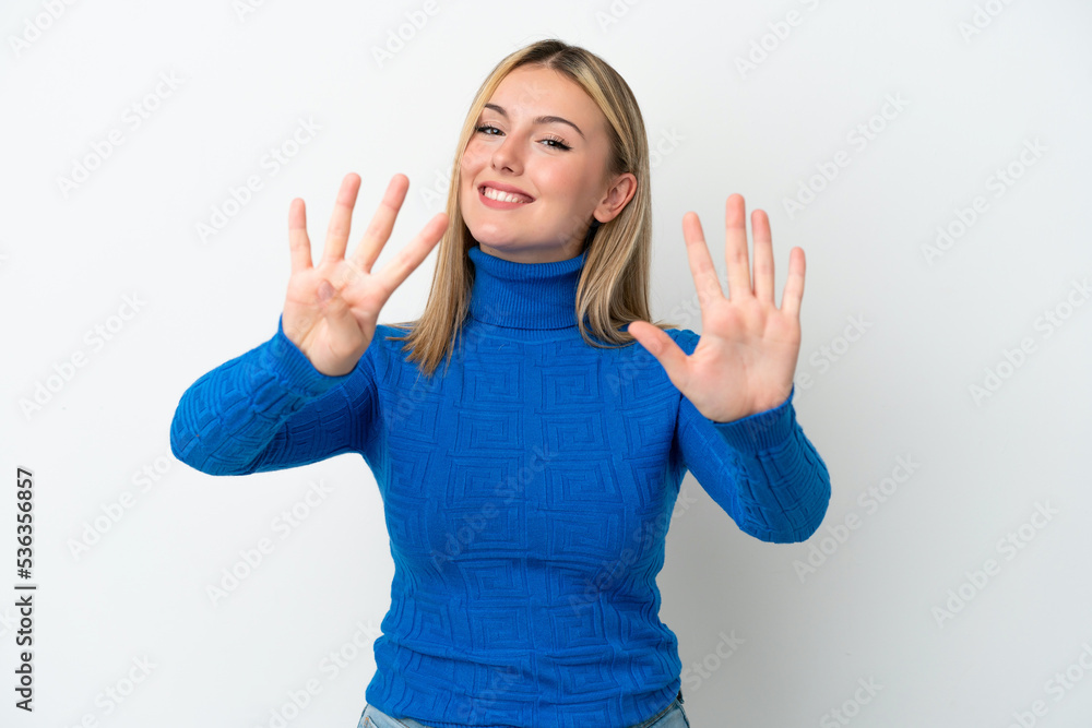 Young caucasian woman isolated on white background counting nine with fingers Young caucasian woman isolated on white background counting nine with fingers