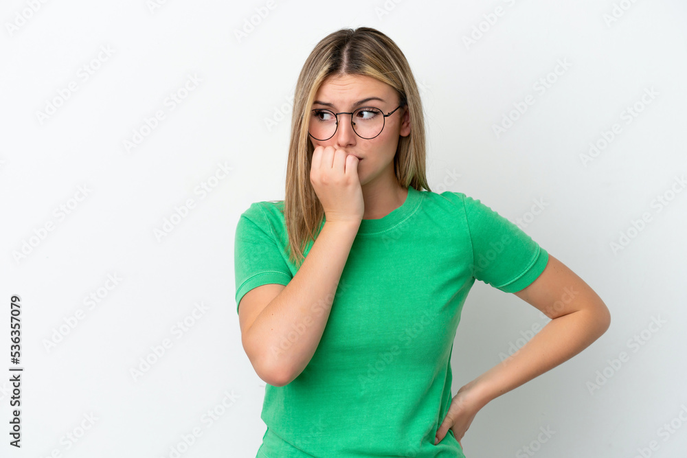 Young caucasian woman isolated on white background having doubts Young caucasian woman isolated on white background having doubts