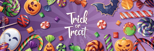 Halloween banner with cartoon holiday sweets and candies. Creepy dessert on Halloween party horizontal background. Holiday vector banner with Halloween spooky cookies treat, lollipop candy on a violet