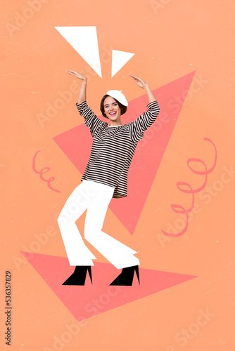 Vertical collage illustration of positive cheerful person enjoy pastime clubbing painted headwear beret isolated on drawing background