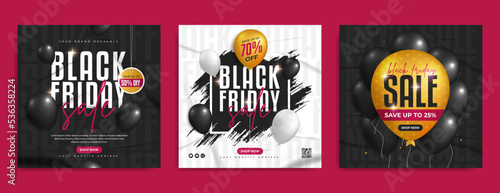 Black friday sale marketing social media banner post template. Fashion brand business promotion flyer with realistic gold balloon and luxury background. Web poster & cover for black friday shopping.  
