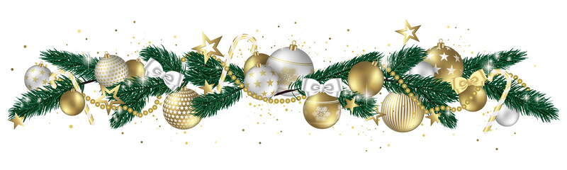 Christmas balls stars and bows isolated on white background - design banner
