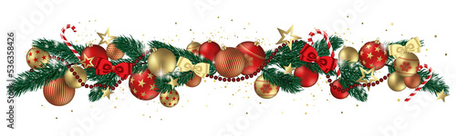 Christmas balls stars and bows isolated on white background - design banner