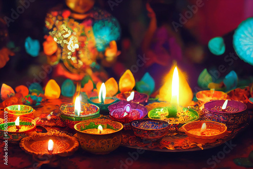 Diwali holiday india celebration. Oil lamp and fire lights festival.