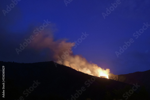 Forest fire with a large cloud of smoke rising through the night starry sky