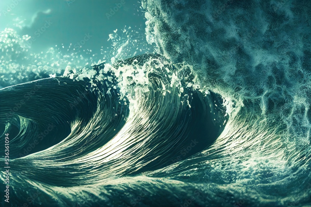 The big waves in the ocean called tube waves. A tsunami is a result of an apocalyptic cataclysmic event in which the coast is destroyed. It can create huge wavesseas. 3D rendering.