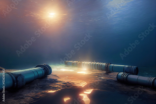 Blowing up underwater gas pipelines. Causing an explosion and releasing gas. A sabotage causing climate risks and marine pollution. 3D illustration. photo