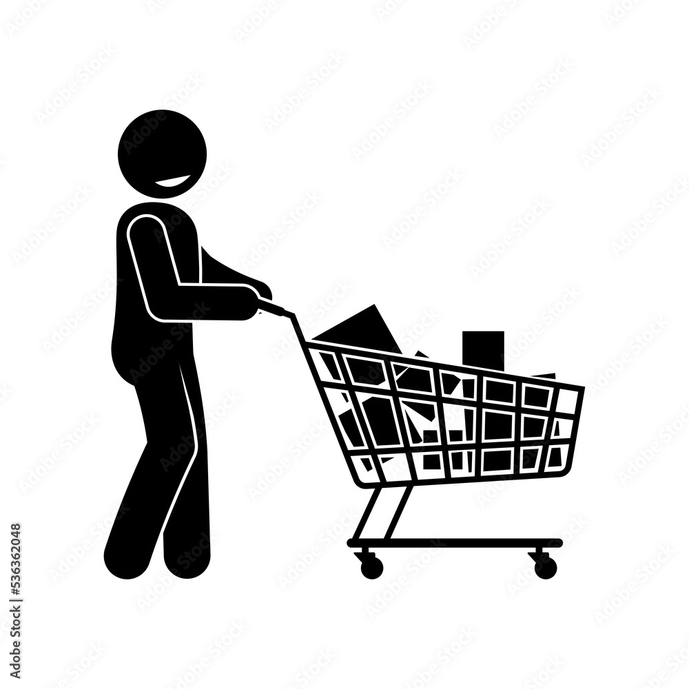 happy shopper rolls shopping trolley, customer received gift basket, full supermarket trolley, isolated vector icon happy shopper rolls shopping trolley, customer received gift basket, full supermarket trolley, isolated vector icon