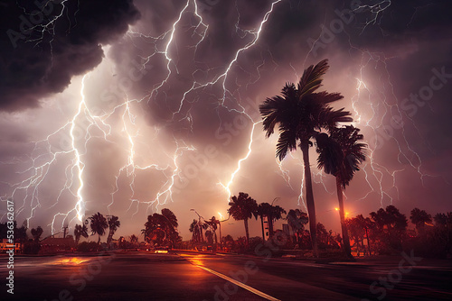 A hurricane tornado or typhoon rages down a city street, destroying cars. Lighting up the sky with twisters and lightnings. Climate change has caused many natural disasters in towns. 3D illustration photo