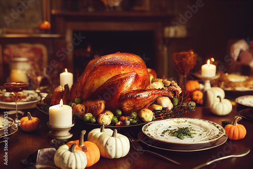 thanksgiving day turkey on a festive table decorated with candles, a set table, with pumpkins and festive food photo