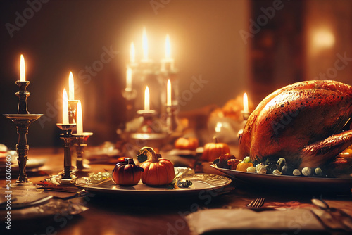 thanksgiving day turkey on a festive table decorated with candles, a set table, with pumpkins and festive food © barinovalena