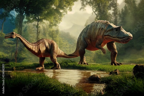 A Jurassic-era park containing dinosaurs in their natural surroundings and environments, including forests, lakes. 3D rendering. © bennymarty