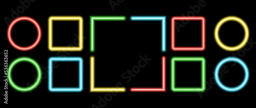 Neon glowing frames. Illuminated geometric shapes. Sign in shape of squares and circles, template design elements. Bright multicolored rectangulars with blank emptyspace inside