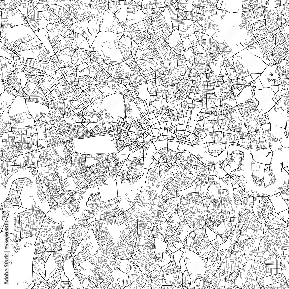 Area map of London United Kingdom with white background and black roads