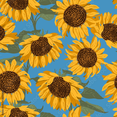 Floral seamless pattern. Yellow blooming sunflowers on a blue background. Modern vector illustration for wrapping paper, wallpapers, fabrics, postcards.