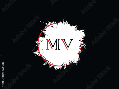 New Typography MV m v Logo Letter With Brush and Circle Design For All Kind Of Use